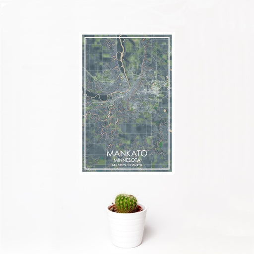 12x18 Mankato Minnesota Map Print Portrait Orientation in Afternoon Style With Small Cactus Plant in White Planter
