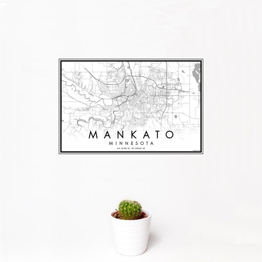 12x18 Mankato Minnesota Map Print Landscape Orientation in Classic Style With Small Cactus Plant in White Planter
