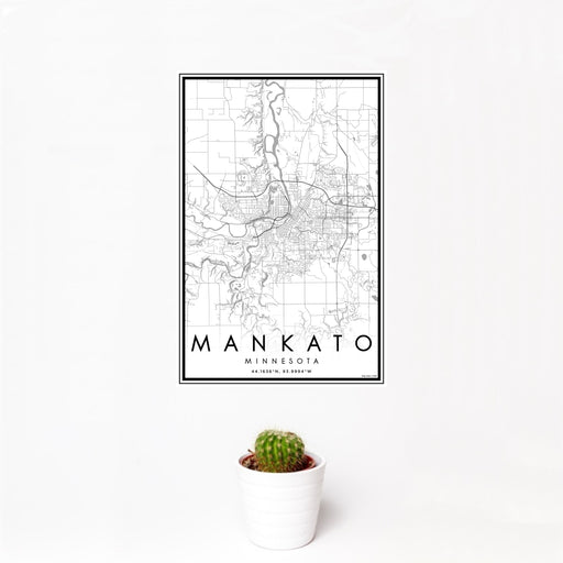12x18 Mankato Minnesota Map Print Portrait Orientation in Classic Style With Small Cactus Plant in White Planter