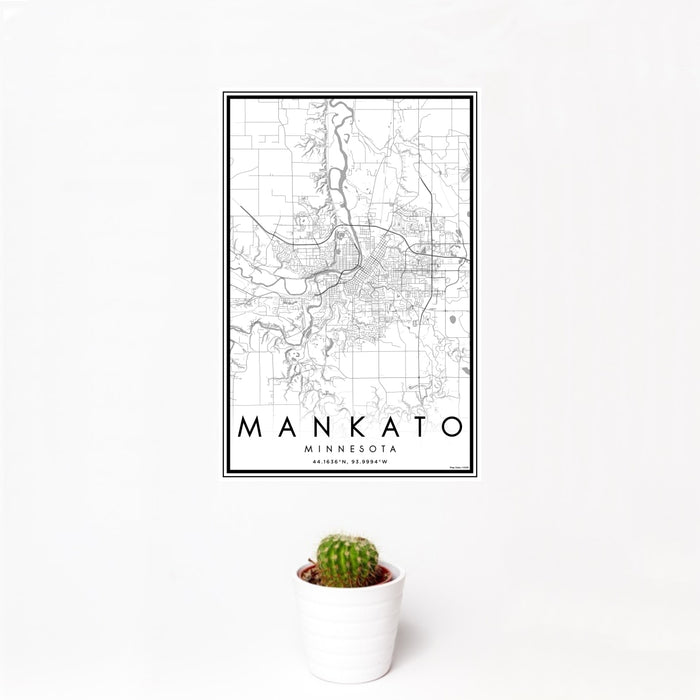 12x18 Mankato Minnesota Map Print Portrait Orientation in Classic Style With Small Cactus Plant in White Planter