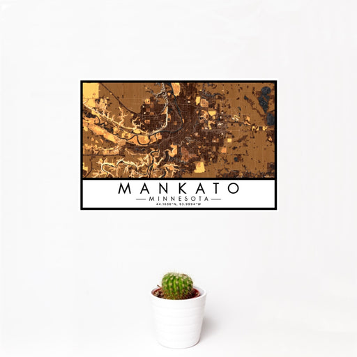 12x18 Mankato Minnesota Map Print Landscape Orientation in Ember Style With Small Cactus Plant in White Planter