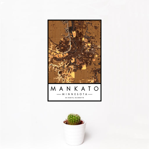 12x18 Mankato Minnesota Map Print Portrait Orientation in Ember Style With Small Cactus Plant in White Planter