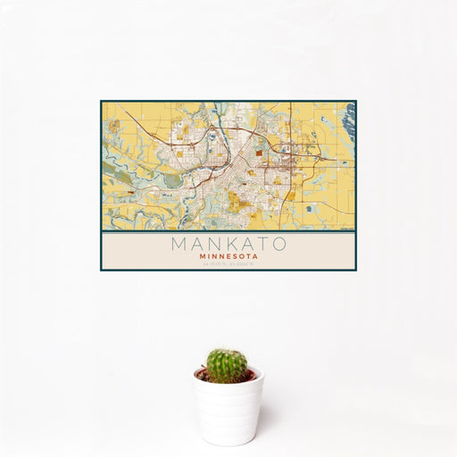 12x18 Mankato Minnesota Map Print Landscape Orientation in Woodblock Style With Small Cactus Plant in White Planter