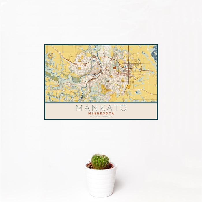 12x18 Mankato Minnesota Map Print Landscape Orientation in Woodblock Style With Small Cactus Plant in White Planter