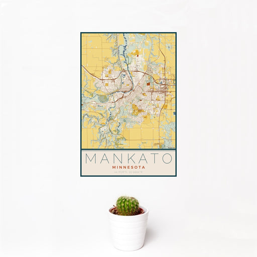 12x18 Mankato Minnesota Map Print Portrait Orientation in Woodblock Style With Small Cactus Plant in White Planter