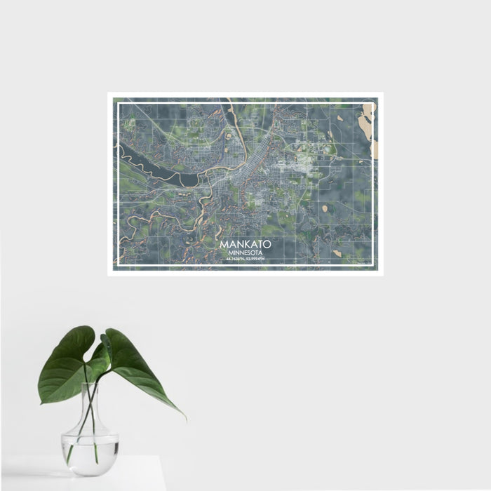 16x24 Mankato Minnesota Map Print Landscape Orientation in Afternoon Style With Tropical Plant Leaves in Water
