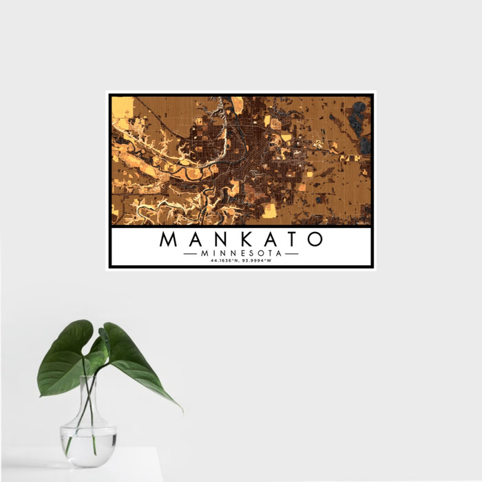 16x24 Mankato Minnesota Map Print Landscape Orientation in Ember Style With Tropical Plant Leaves in Water