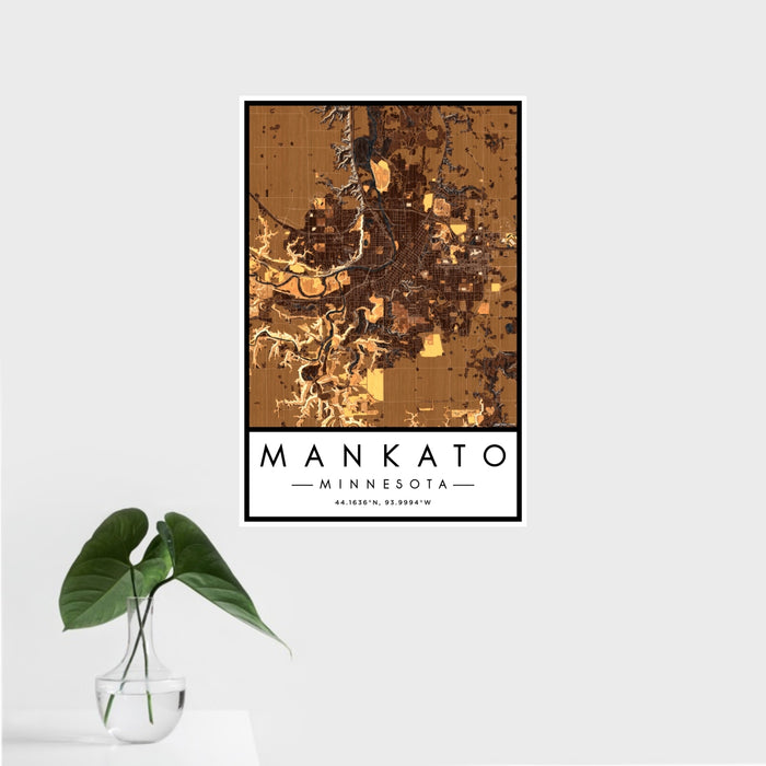 16x24 Mankato Minnesota Map Print Portrait Orientation in Ember Style With Tropical Plant Leaves in Water