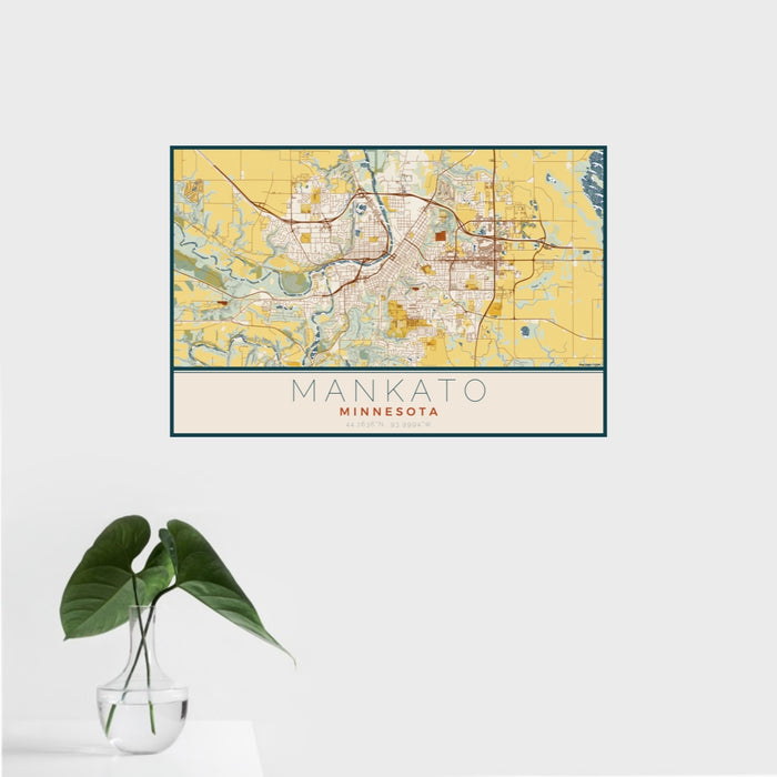 16x24 Mankato Minnesota Map Print Landscape Orientation in Woodblock Style With Tropical Plant Leaves in Water