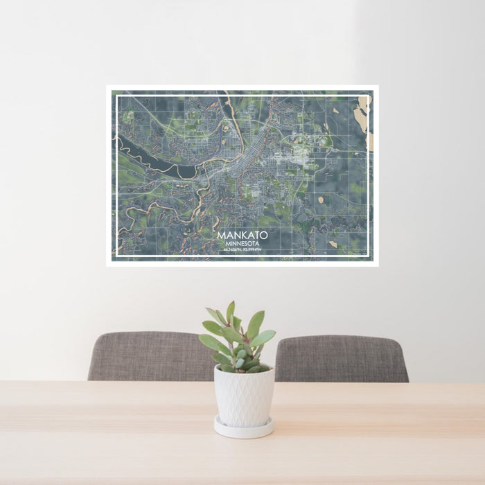 24x36 Mankato Minnesota Map Print Lanscape Orientation in Afternoon Style Behind 2 Chairs Table and Potted Plant