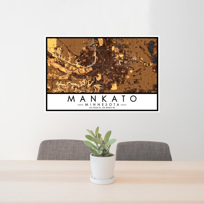 24x36 Mankato Minnesota Map Print Lanscape Orientation in Ember Style Behind 2 Chairs Table and Potted Plant