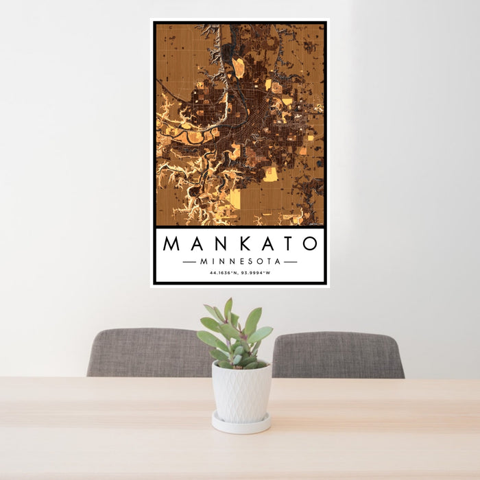 24x36 Mankato Minnesota Map Print Portrait Orientation in Ember Style Behind 2 Chairs Table and Potted Plant
