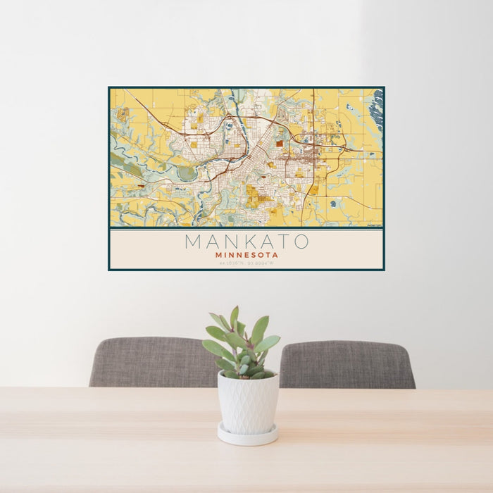 24x36 Mankato Minnesota Map Print Lanscape Orientation in Woodblock Style Behind 2 Chairs Table and Potted Plant