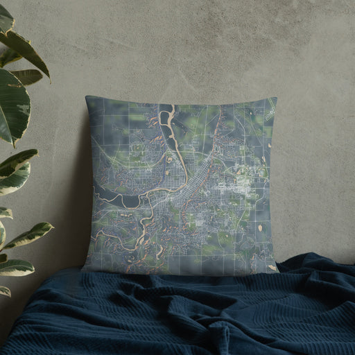 Custom Mankato Minnesota Map Throw Pillow in Afternoon on Bedding Against Wall