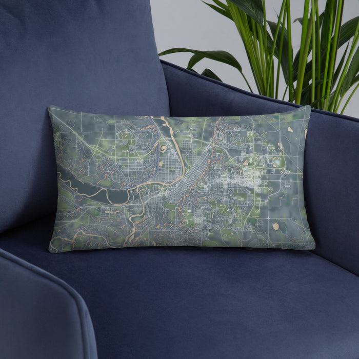 Custom Mankato Minnesota Map Throw Pillow in Afternoon on Blue Colored Chair