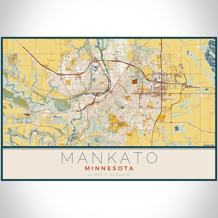 Mankato Minnesota Map Print Landscape Orientation in Woodblock Style With Shaded Background