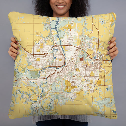 Person holding 22x22 Custom Mankato Minnesota Map Throw Pillow in Woodblock