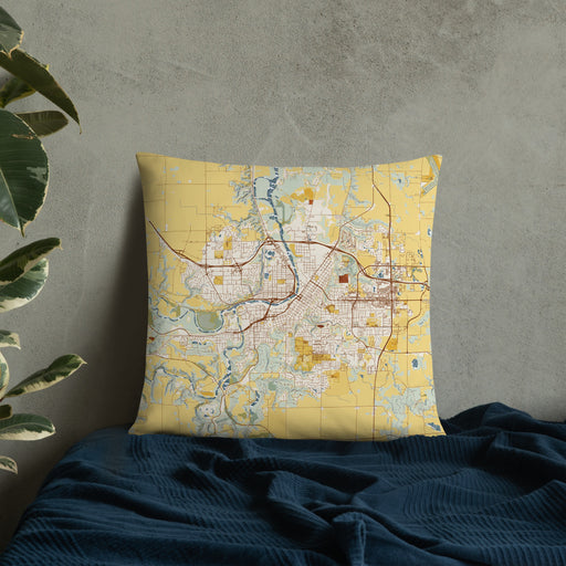 Custom Mankato Minnesota Map Throw Pillow in Woodblock on Bedding Against Wall