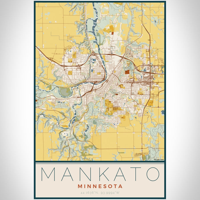 Mankato Minnesota Map Print Portrait Orientation in Woodblock Style With Shaded Background