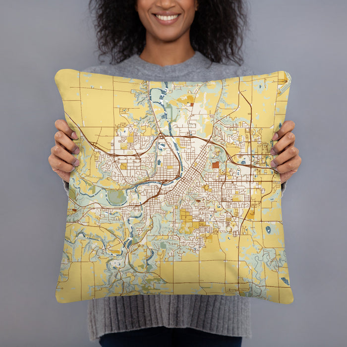 Person holding 18x18 Custom Mankato Minnesota Map Throw Pillow in Woodblock