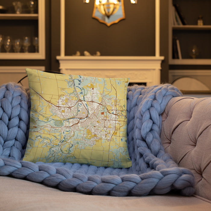 Custom Mankato Minnesota Map Throw Pillow in Woodblock on Cream Colored Couch