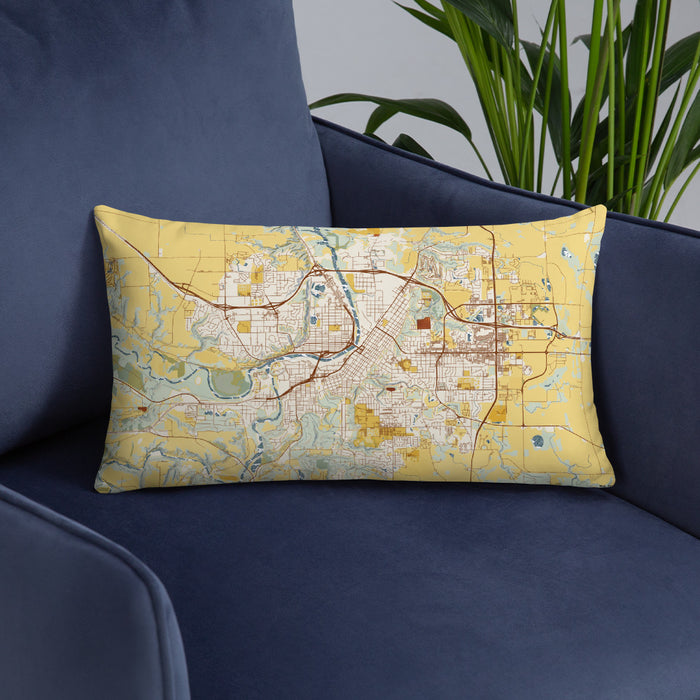 Custom Mankato Minnesota Map Throw Pillow in Woodblock on Blue Colored Chair