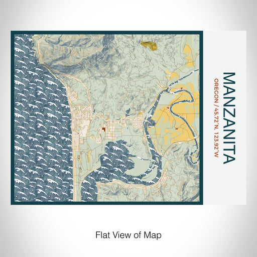 Rendered View of Manzanita Oregon Map on 20oz Stainless Steel Insulated Bottle with Bamboo Top with printed woodblock style map