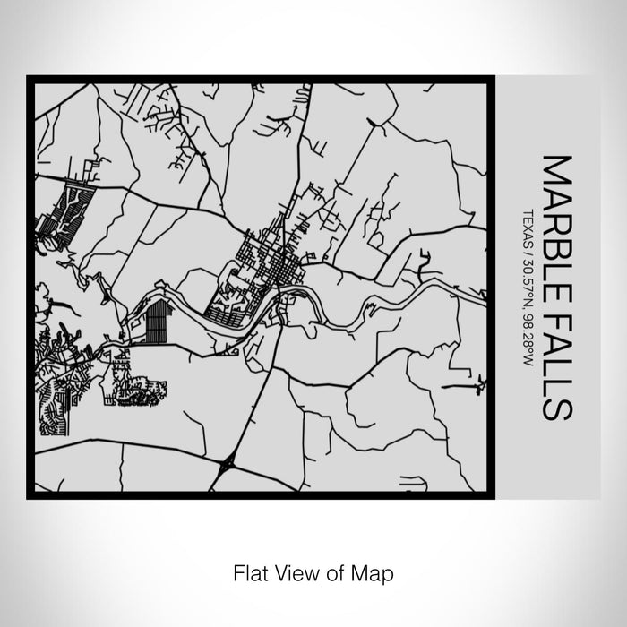 Rendered View of Marble Falls Texas Map on 20oz Stainless Steel Insulated Bottle with Bamboo Top with printed Tactile Lines Map in Black