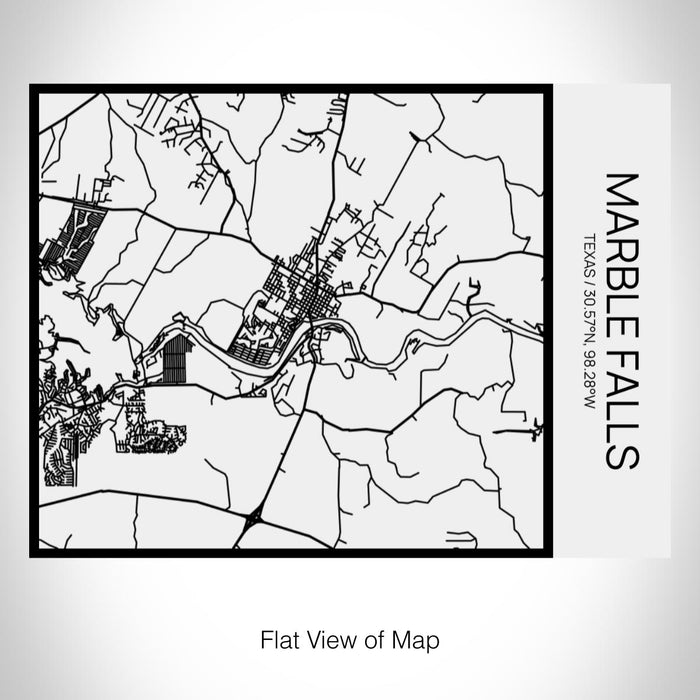 Rendered View of Marble Falls Texas Map on 20oz Stainless Steel Insulated Bottle with Bamboo Top in Matte White with printed Tactile Lines Map in Black