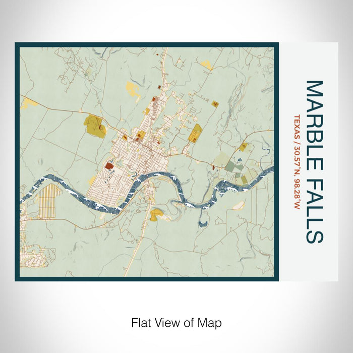 Rendered View of Marble Falls Texas Map on 20oz Stainless Steel Insulated Bottle with Bamboo Top with printed woodblock style map