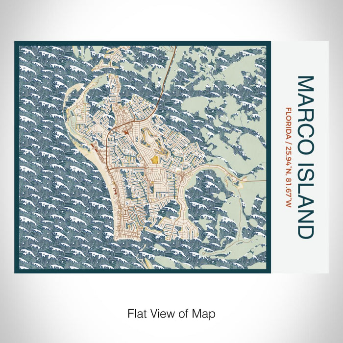 Rendered View of Marco Island Florida Map on 20oz Stainless Steel Insulated Bottle with Bamboo Top with printed woodblock style map