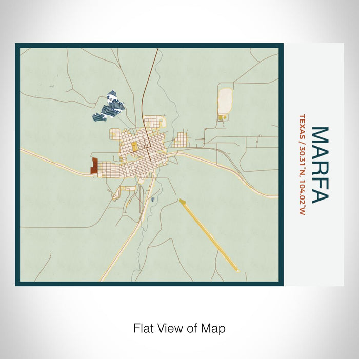 Rendered View of Marfa Texas Map on 20oz Stainless Steel Insulated Bottle with Bamboo Top with printed woodblock style map