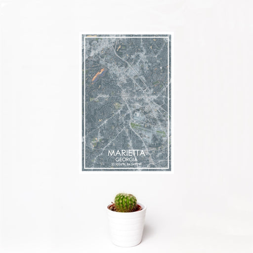 12x18 Marietta Georgia Map Print Portrait Orientation in Afternoon Style With Small Cactus Plant in White Planter