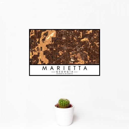 12x18 Marietta Georgia Map Print Landscape Orientation in Ember Style With Small Cactus Plant in White Planter