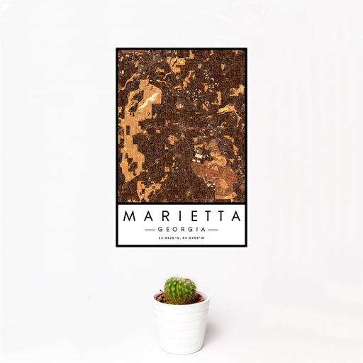 12x18 Marietta Georgia Map Print Portrait Orientation in Ember Style With Small Cactus Plant in White Planter