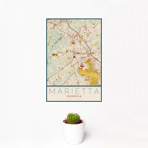 12x18 Marietta Georgia Map Print Portrait Orientation in Woodblock Style With Small Cactus Plant in White Planter