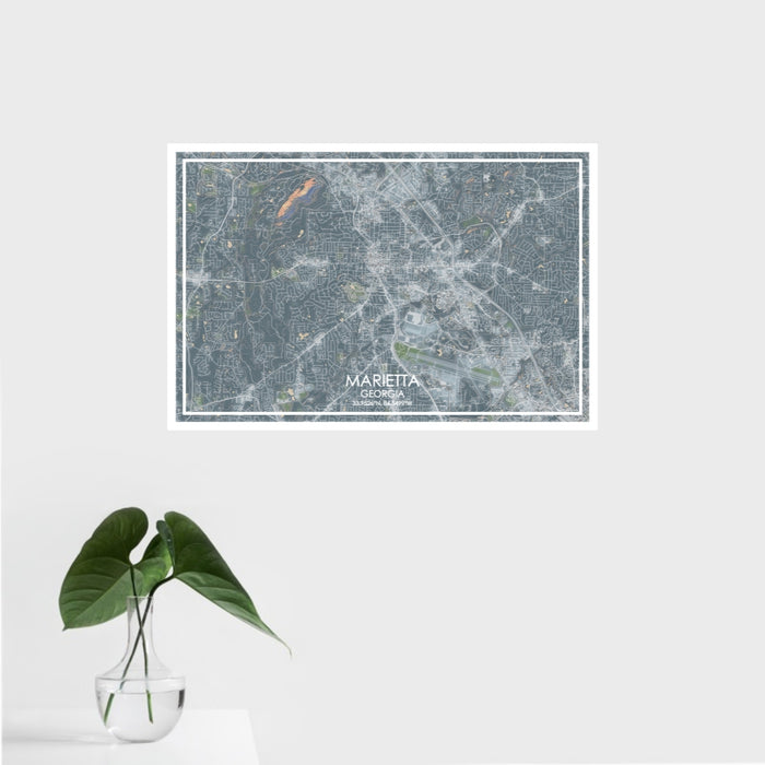 16x24 Marietta Georgia Map Print Landscape Orientation in Afternoon Style With Tropical Plant Leaves in Water