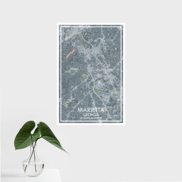 16x24 Marietta Georgia Map Print Portrait Orientation in Afternoon Style With Tropical Plant Leaves in Water