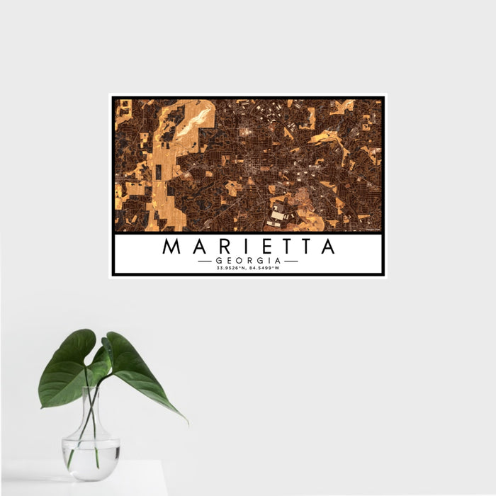 16x24 Marietta Georgia Map Print Landscape Orientation in Ember Style With Tropical Plant Leaves in Water