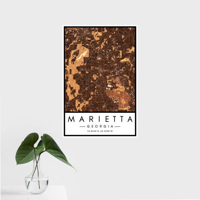 16x24 Marietta Georgia Map Print Portrait Orientation in Ember Style With Tropical Plant Leaves in Water