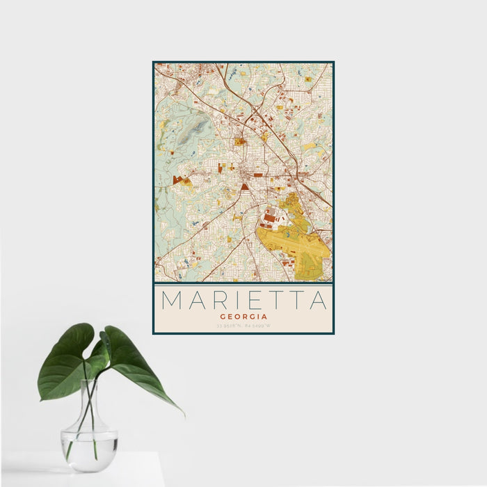16x24 Marietta Georgia Map Print Portrait Orientation in Woodblock Style With Tropical Plant Leaves in Water