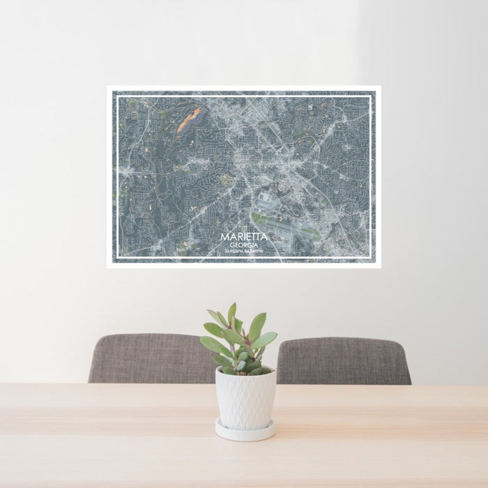 24x36 Marietta Georgia Map Print Lanscape Orientation in Afternoon Style Behind 2 Chairs Table and Potted Plant