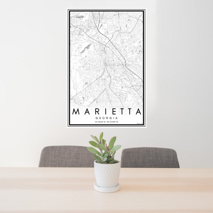 24x36 Marietta Georgia Map Print Portrait Orientation in Classic Style Behind 2 Chairs Table and Potted Plant