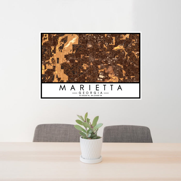 24x36 Marietta Georgia Map Print Lanscape Orientation in Ember Style Behind 2 Chairs Table and Potted Plant