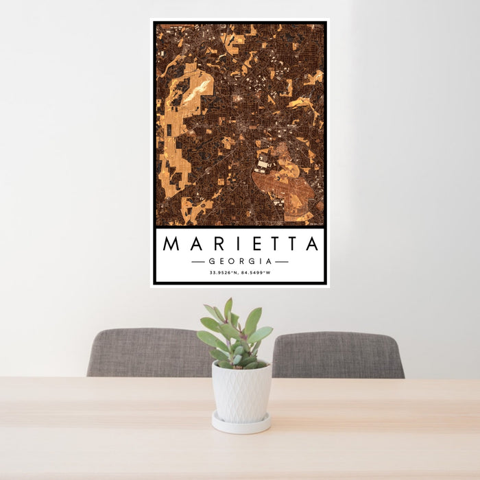 24x36 Marietta Georgia Map Print Portrait Orientation in Ember Style Behind 2 Chairs Table and Potted Plant
