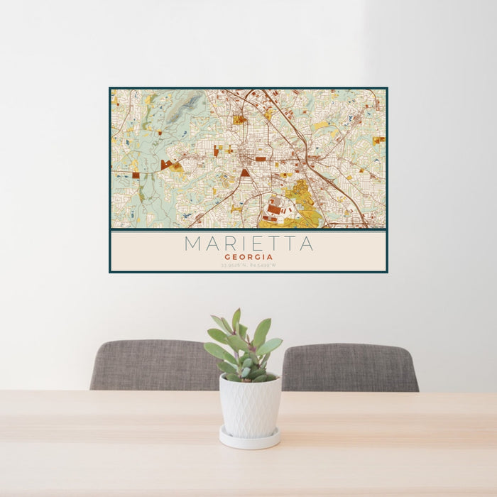 24x36 Marietta Georgia Map Print Lanscape Orientation in Woodblock Style Behind 2 Chairs Table and Potted Plant