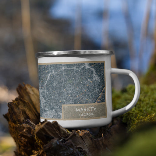 Right View Custom Marietta Georgia Map Enamel Mug in Afternoon on Grass With Trees in Background