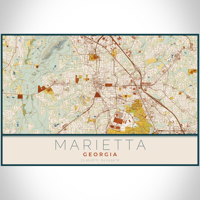 Marietta Georgia Map Print Landscape Orientation in Woodblock Style With Shaded Background