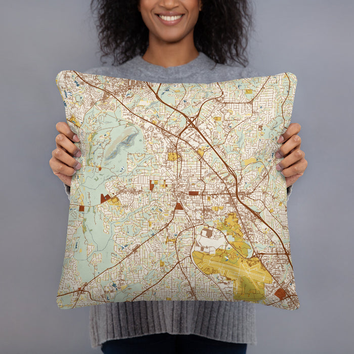 Person holding 18x18 Custom Marietta Georgia Map Throw Pillow in Woodblock