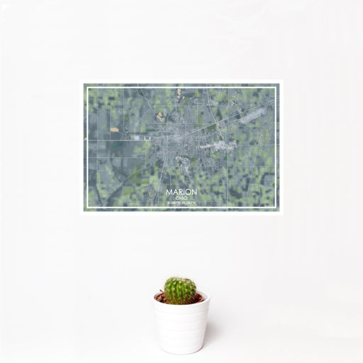 12x18 Marion Ohio Map Print Landscape Orientation in Afternoon Style With Small Cactus Plant in White Planter